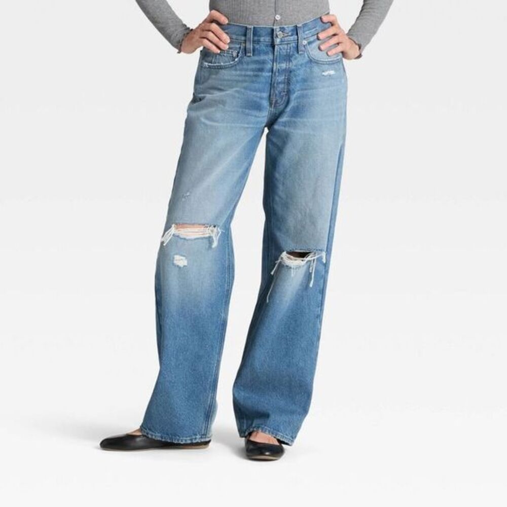 Women's Mid-Rise 90's Baggy Denim Jeans - Medium Wash Destroy 0 Short